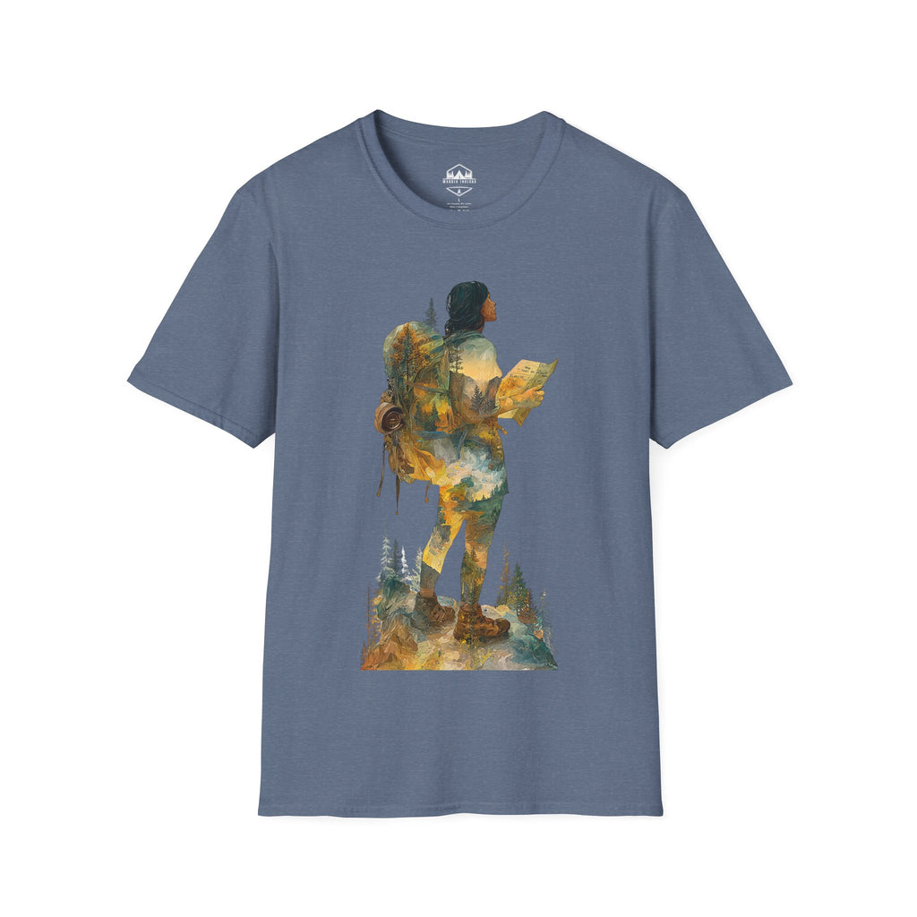 Hiker Silhouette T-Shirt — Watercolor Mountain Backpacker Graphic