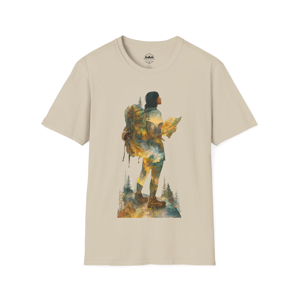 Hiker Silhouette T-Shirt — Watercolor Mountain Backpacker Graphic