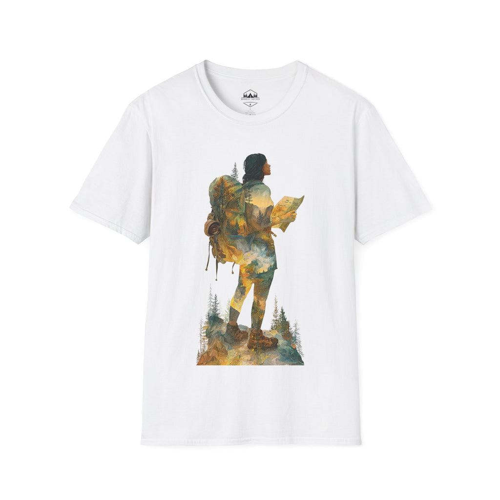 Hiker Silhouette T-Shirt — Watercolor Mountain Backpacker Graphic