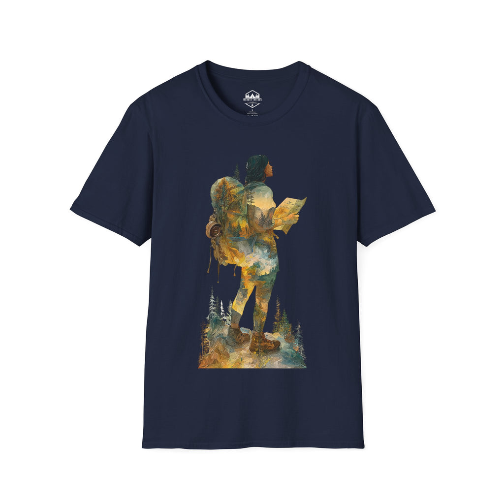 Hiker Silhouette T-Shirt — Watercolor Mountain Backpacker Graphic
