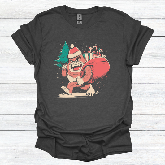 Christmas Gorilla T-Shirt — Funny Santa Ape Carrying Candy Cane Sack
