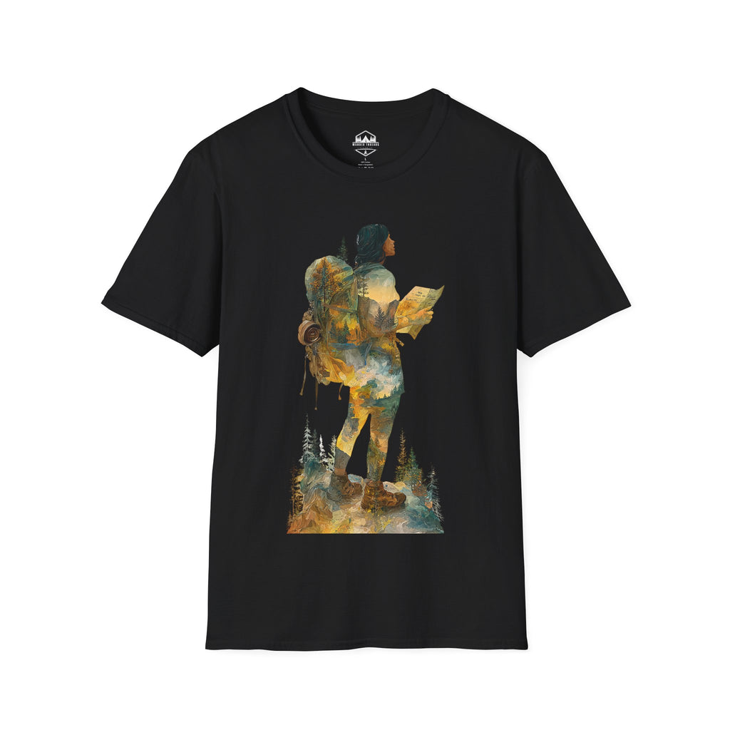 Hiker Silhouette T-Shirt — Watercolor Mountain Backpacker Graphic